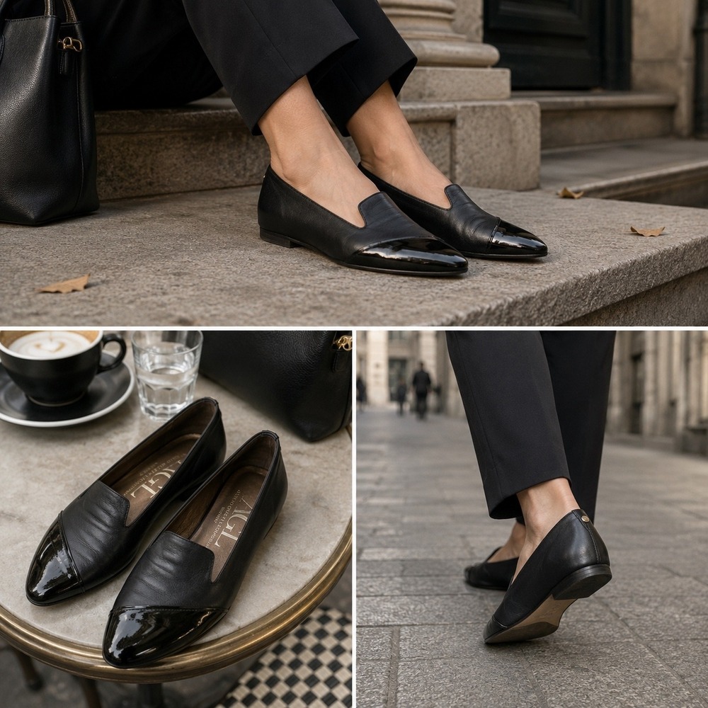AGL Attilio Giusti Leombruni Cap Toe Dress Flats Black Patent Leather 38 Italy